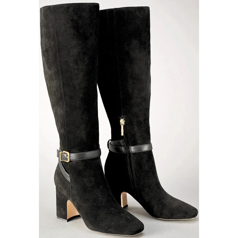 J.McLaughlin Gaia Suede‎ Tall Boots Black Block Heel Side Zip Buckle Detail 6